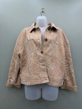 LOFT Floral Embroidered Twill Jacket XL Tan White 100% Cotton Utility